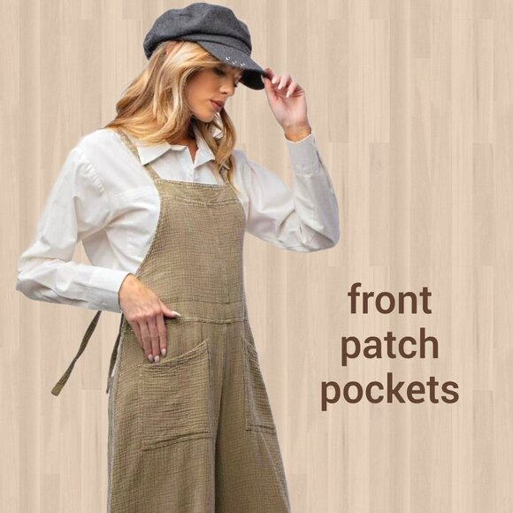 EASEL "Here I Am" Mineral Washed Wide Leg Jumpsuit Adjustable Tie Straps Pockets - Picture 11 of 16